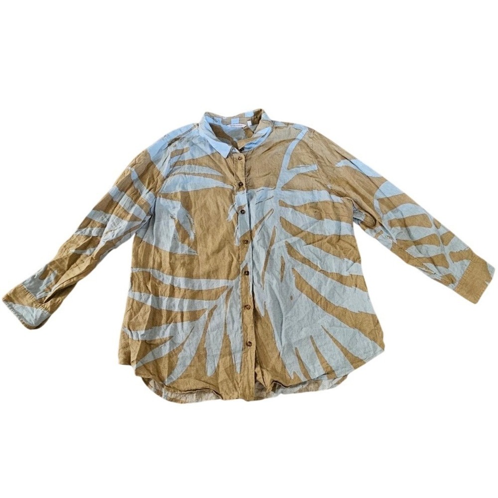 Soft Surroundings 100% Linen Abstract Palm Print Button Down Shirt Tan Blue 2X